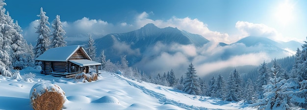 As Montanhas dos Cárpatos têm um pico coberto de neve na frente estão dois palheiros