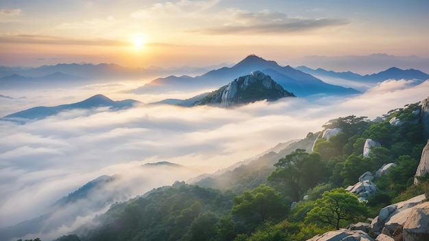 As montanhas são cobertas pelo nevoeiro matinal do Parque Nacional de Seul, na Coreia do Sul