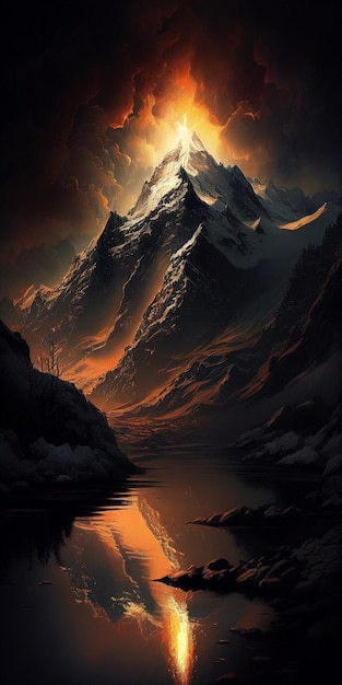 As montanhas são cobertas por um céu escuro e nublado com a montanha como pano de fundo generativo ai