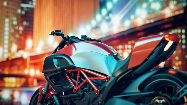 As motocicletas ficam na cidade à noite. Renderização 3D e ilustração.