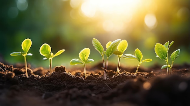 As mudas crescem em solo rico em nutrientes em direção à luz do sol da manhã, ilustrando um conceito ecológico