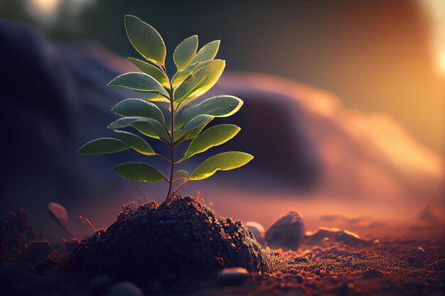 Foto as mudas de yound brotam do solo com a luz do amanhecer a brilhar