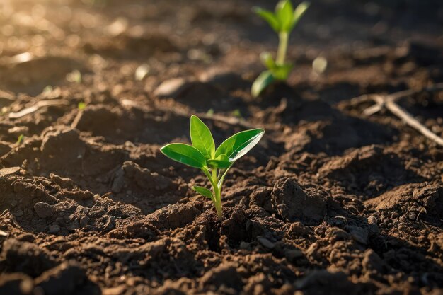 As mudas emergem da terra seca rachada