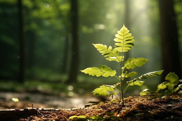 As mudas estão crescendo no solo e a luz do sol está plantando árvores para reduzir o aquecimento global