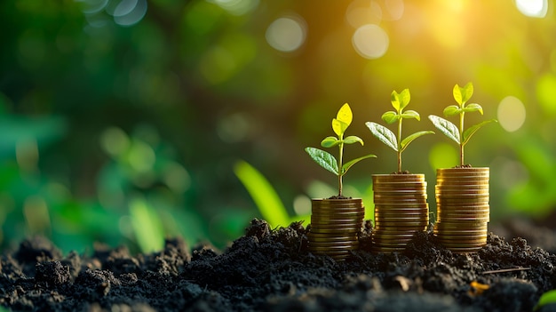 As mudas jovens crescem em uma pilha de moedas no fundo da natureza verde financeira