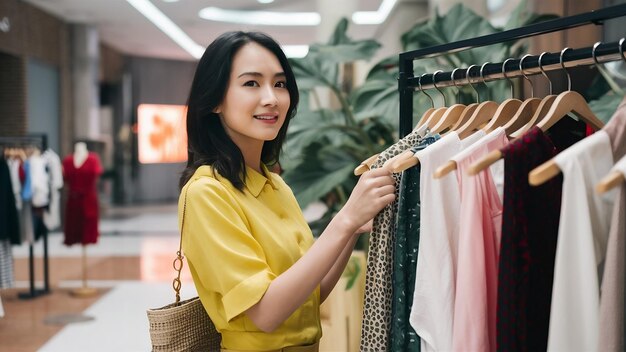 As mulheres asiáticas inteligentes e atraentes gostam de escolher roupas adequadas com estantes de roupas em lojas de boutique.