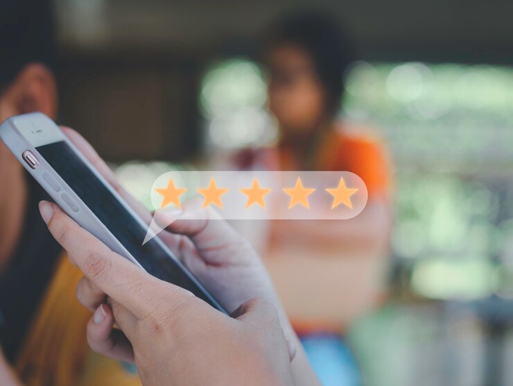 As mulheres de negócios pressionam o telefone inteligente à mão dando o símbolo de cinco estrelas do conceito de produto e serviço A experiência de atendimento ao cliente aumenta a classificação e a pesquisa de satisfação comercial