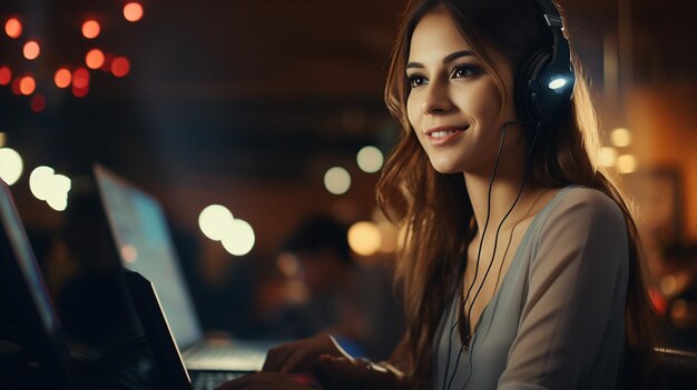 Foto as mulheres do call center sorriam trabalhando e prestando serviço com cortesia e atenção na frente do laptop