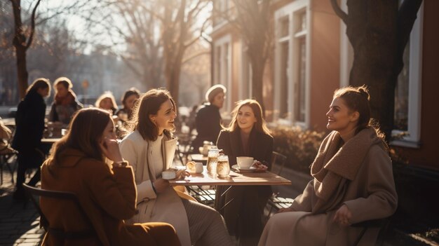 As mulheres estão sentadas lá fora numa mesa a conversar entre si.