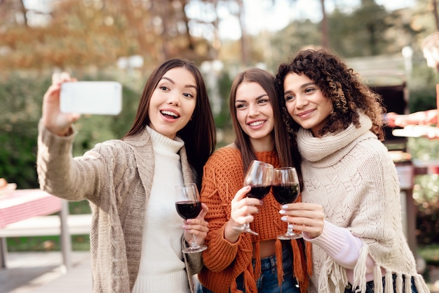 As mulheres fazem selfie durante um piquenique com os amigos.