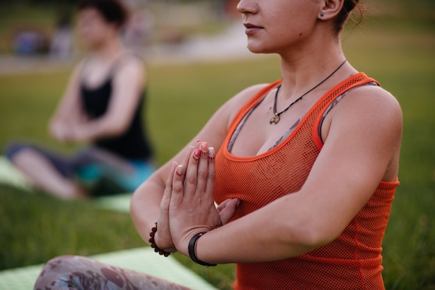 As mulheres jovens fazem ioga ao ar livre no parque durante o pôr do sol. Estilo de vida saudável