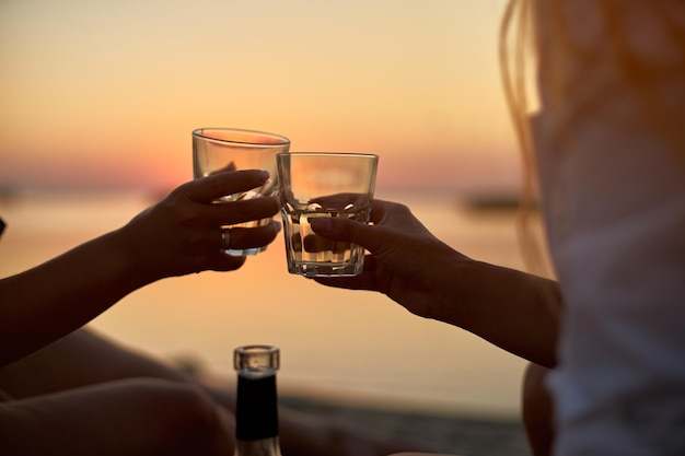 As mulheres tocam copos com vinho branco nas amigas da praia celebram alegremente as férias e