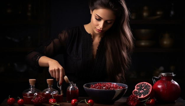 Foto as mulheres turcas fazem molho de romã.