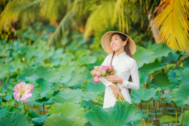 As mulheres vietnamitas estão recolhendo o loto no por do sol.