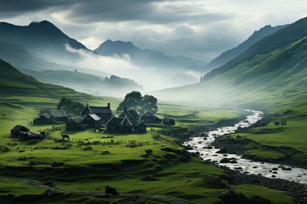 Foto as nuvens cobrem a paisagem pacífica das terras altas fotografia profissional