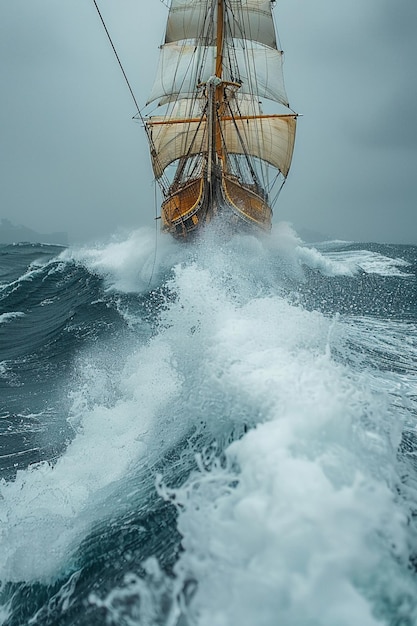 Foto as ondas batendo contra a proa de um navio a vela o spray desfoca com o mar