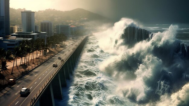 As ondas do tsunami batem contra o alto dique de proteção