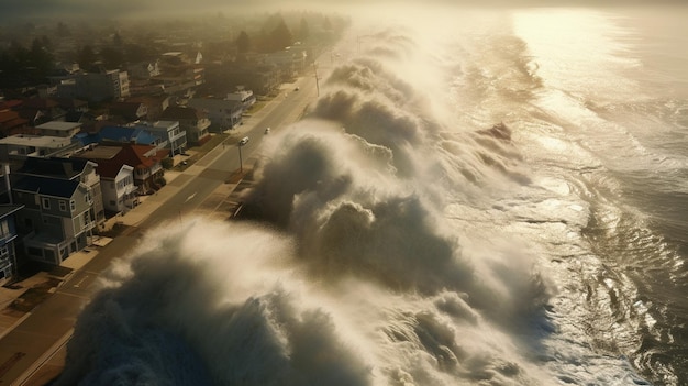 As ondas do tsunami batem na costa e rompem a costa.