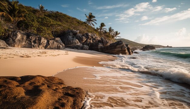 As ondas idílicas da costa tropical batem na praia de areia beleza tranquila gerada pela inteligência artificial