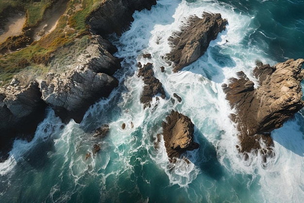 As ondas quebram contra as rochas na costa.