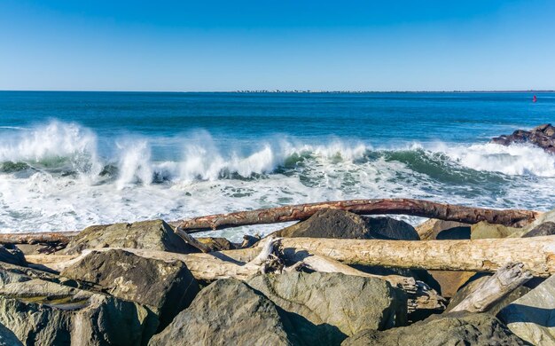 Foto as ondas rolam no quebra-mar em westport, washington.