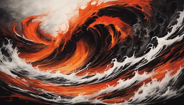 As ondas vermelhas de fogo e laranjas vibrantes contrastam intensamente com o preto de veludo profundo