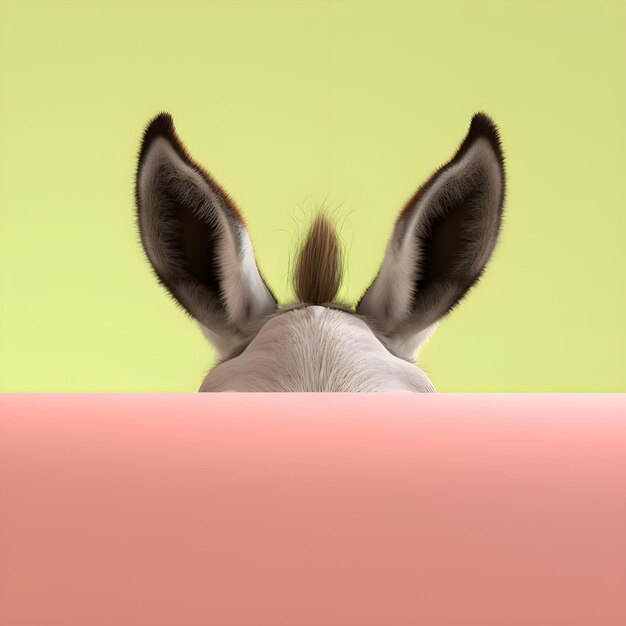 Foto as orelhas de um burro estão saindo do topo de um fundo rosa e amarelo.