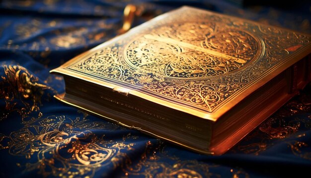 Foto as páginas delicadas e folhas de ouro de um alcorão