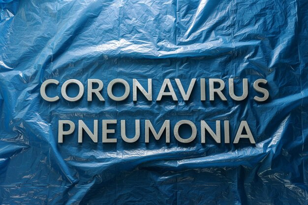 As palavras pneumonia por coronavírus colocadas com letras prateadas em filme plástico azul amassado estavam na composição central