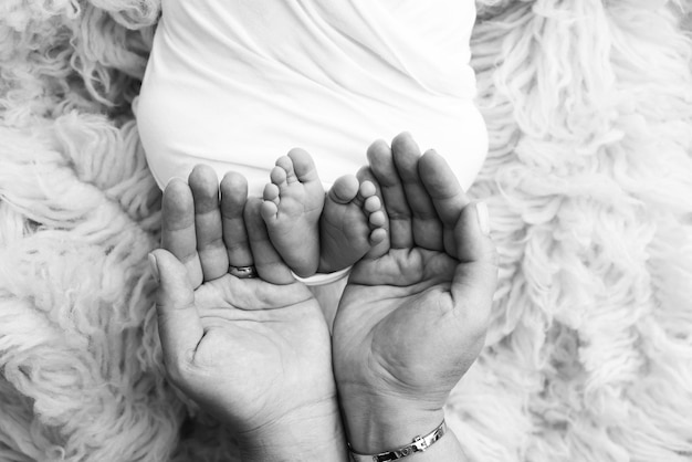As palmas das mãos do pai, a mãe segurando o pé do bebê recém-nascido, os pés do recém-natado nas palmas dos pais, estúdio macro foto em preto e branco de dedos das mãos, calcanhar e pés de uma criança.