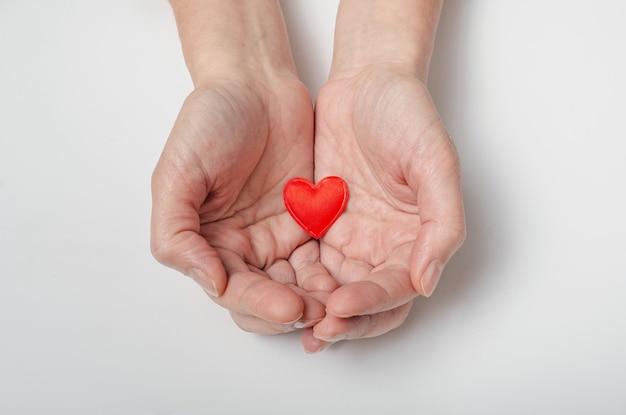 As palmas femininas seguram um pequeno coração vermelho Símbolo de proteção do amor