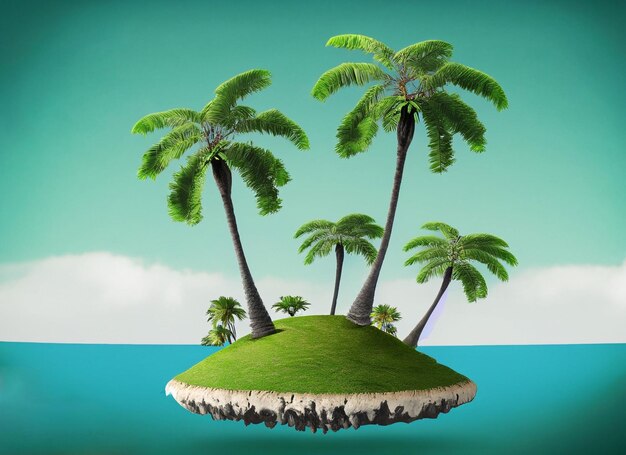 As palmeiras e os campos verdes da ilha flutuante são usados como fundo polivalente