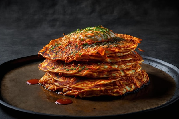 As panquecas de Kimchi, também conhecidas como Kimchijeon na Coréia, são feitas com ovos fritos, kimchi e farinha