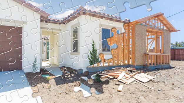 Foto as peças do quebra-cabeça se encaixam revelando a casa terminada construída sobre a estrutura de construção