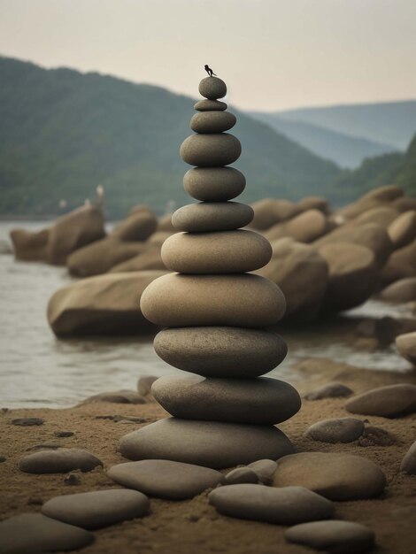 Foto as pedras da pirâmide se equilibram na areia da praia o objeto está em foco, o fundo está desfocado