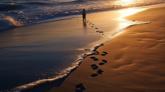 As pegadas na areia de uma praia simbolizam as viagens únicas que compartilhamos seguindo o caminho do amor, da aventura e da conexão.