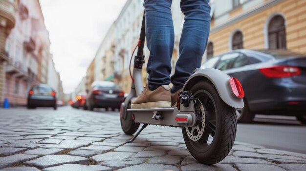 As pernas de um homem de roupa elegante em uma scooter elétrica na rua