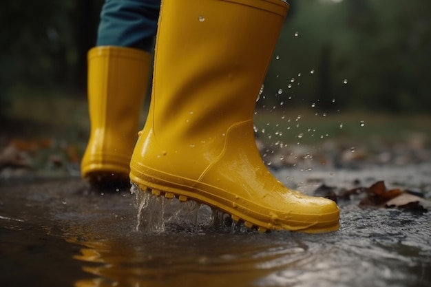 Foto as pernas de uma criança com botas de borracha amarelas saltam sobre uma poça na chuva ai generativa