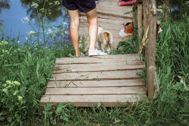 As pernas de uma menina com um cachorro descem as escadas até a ponte sobre o rio.