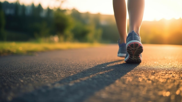 Foto as pernas de uma mulher caminhando em uma estrada fecham uma pista de corrida