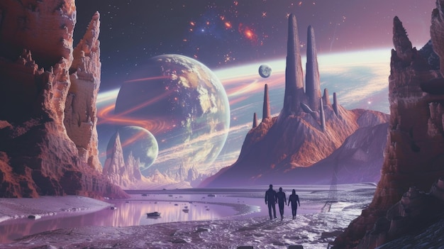 As pessoas chegaram a um novo planeta com o tema da colonização de outros planetas, viajando no espaço contra o pano de fundo do espaço e da galáxia.