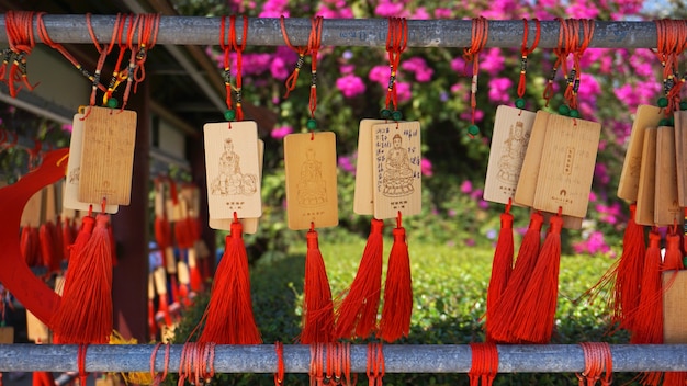 As pessoas escrevem e penduram a etiqueta de madeira Ema ou etiqueta de madeira para orar por boa sorte feliz outra pessoa em Sanya, China