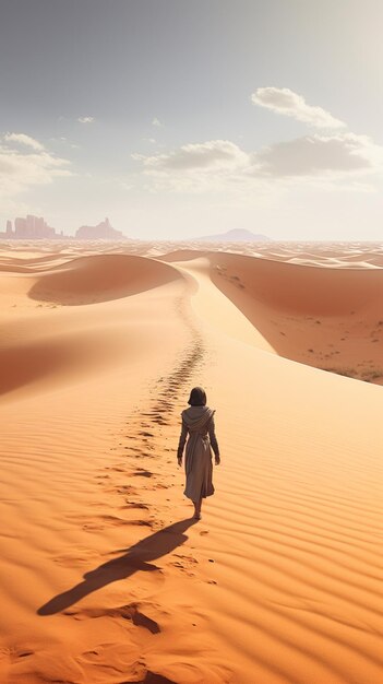 As pessoas estão a caminhar no vasto deserto.