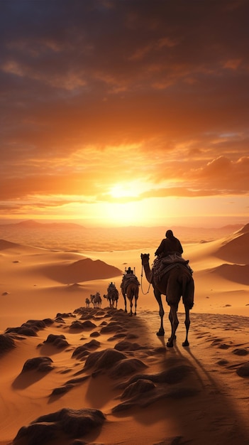 As pessoas estão a montar camelos no vasto deserto.