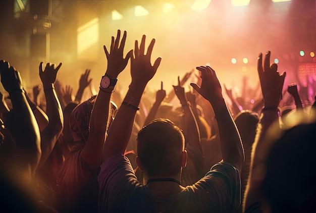 as pessoas estão levantando as mãos em um festival de música no estilo âmbar claro e magenta