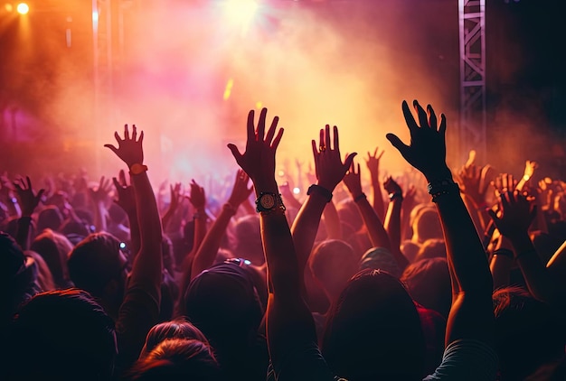 as pessoas estão levantando as mãos em um festival de música no estilo âmbar claro e magenta