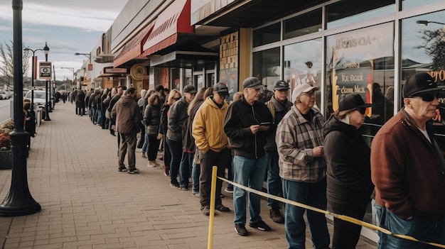 As pessoas fazem fila do lado de fora de uma loja que diz 'the new york'