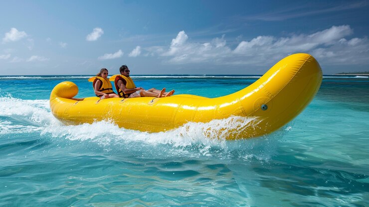 Foto as pessoas fazem um passeio de banana no mar de férias.