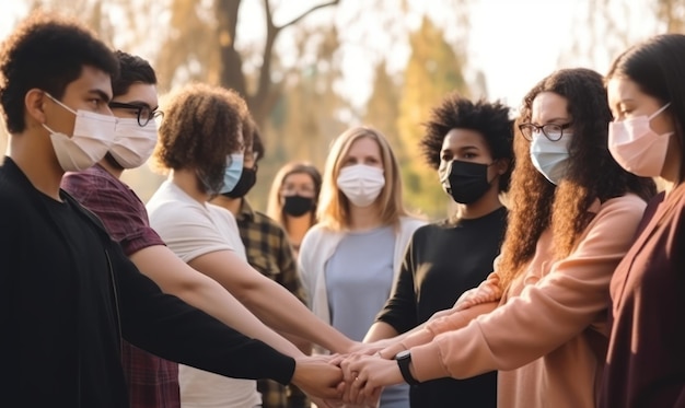 Foto as pessoas que usam máscaras estão em círculo, uma delas está usando uma máscara facial.