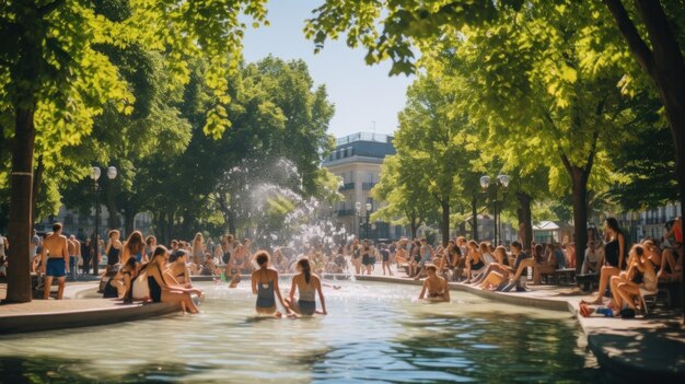 as pessoas se banham na fonte no centro da cidade ensolarado dia brilhante calor Ilustração AI Generative